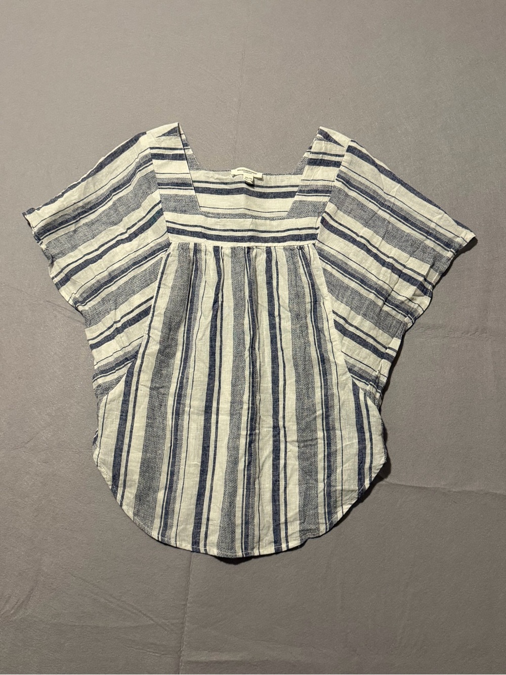 Beach Lunch Lounge Blue Stripe Short Sleeve Poncho Blouse Women's XS Linen Blend